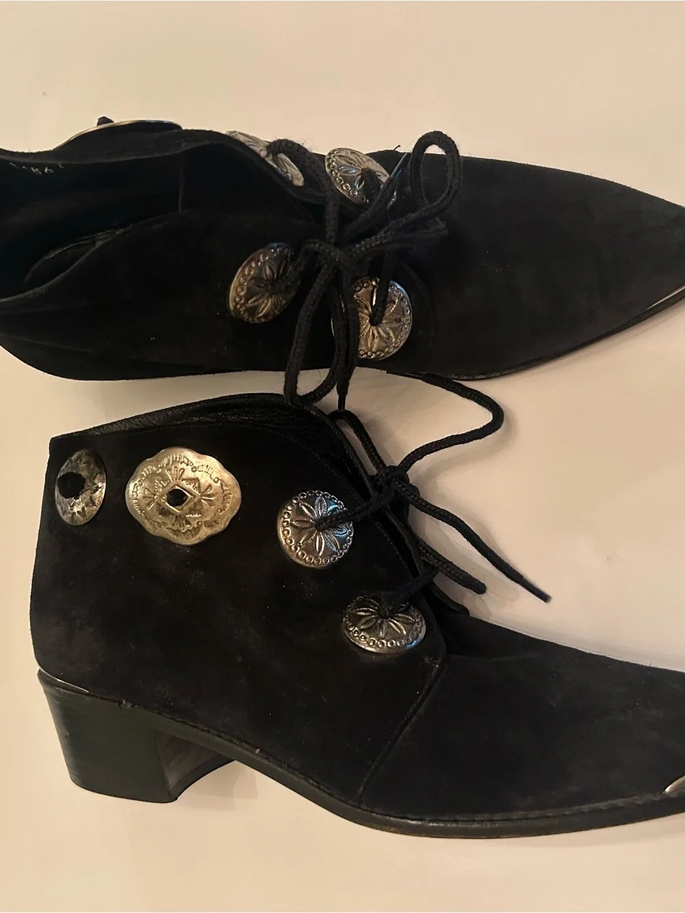 Stuart Weitzman Women’s Black Suede Pointed Lace-Up Ankle Boots with Conchos
